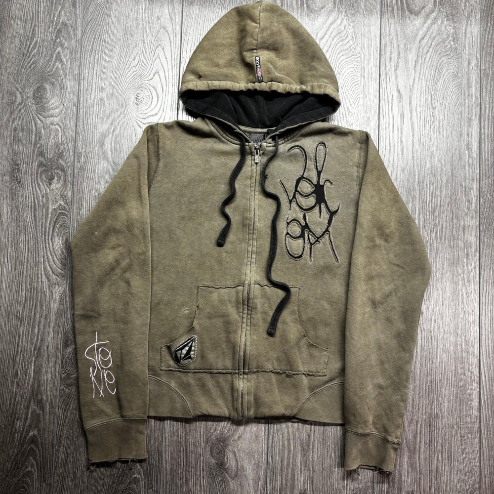 Volcom Stone Womens Medium Y2K Zip Up Hoodie Olive Green Embroidered Skater